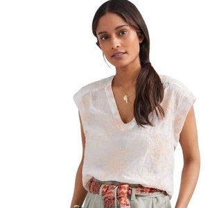 Anthropologie V-Neck Short Sleeve Blouse Shirt Floral Embroidery Size Large